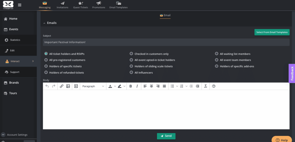 Ticket Fairy’s event messaging tool interface