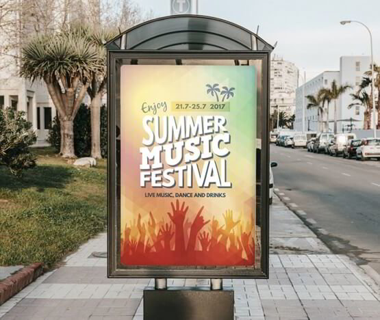 Photo of Summer Music Festival Poster Graphic at bus stop bench for outdoor marketing in event planning and event marketing